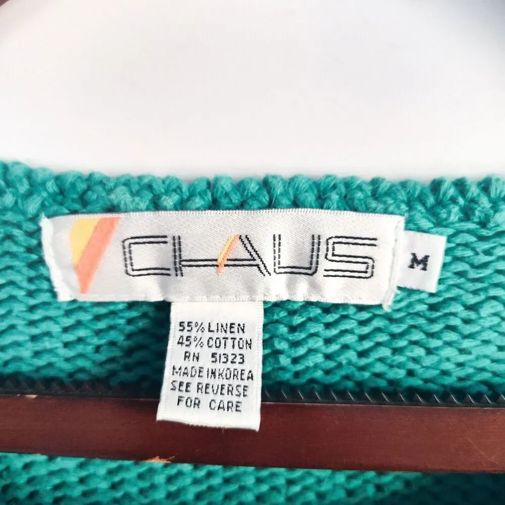 Chaus Sweater Linen Cotton 90s Medium Knit Sleeveless Floral Womens Green Vtg